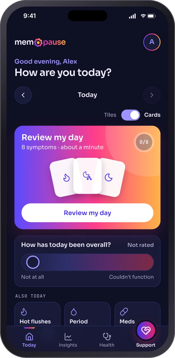 The Today screen in dark mode with the switch on Cards: a warm Review my day card, 8 symptoms, about a minute.
