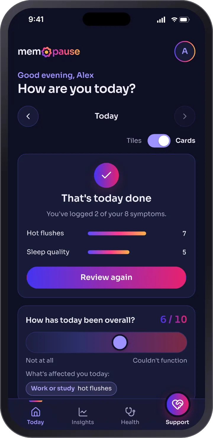 The Today screen in dark mode after reviewing: That's today done, bars for hot flushes and sleep quality, and a Review again button.