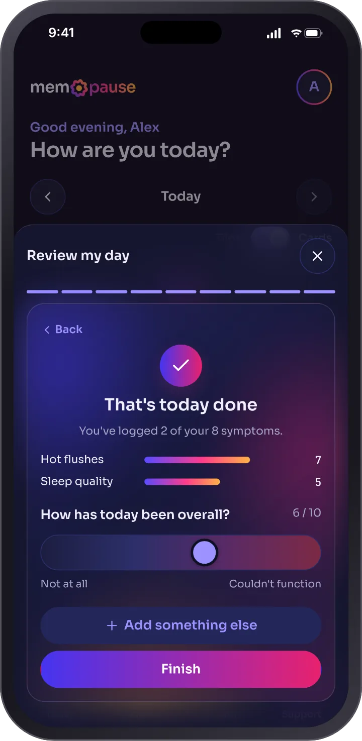 The finish card in dark mode: That's today done, you've logged 2 of your 8 symptoms, with a bar for each and how today has been overall.