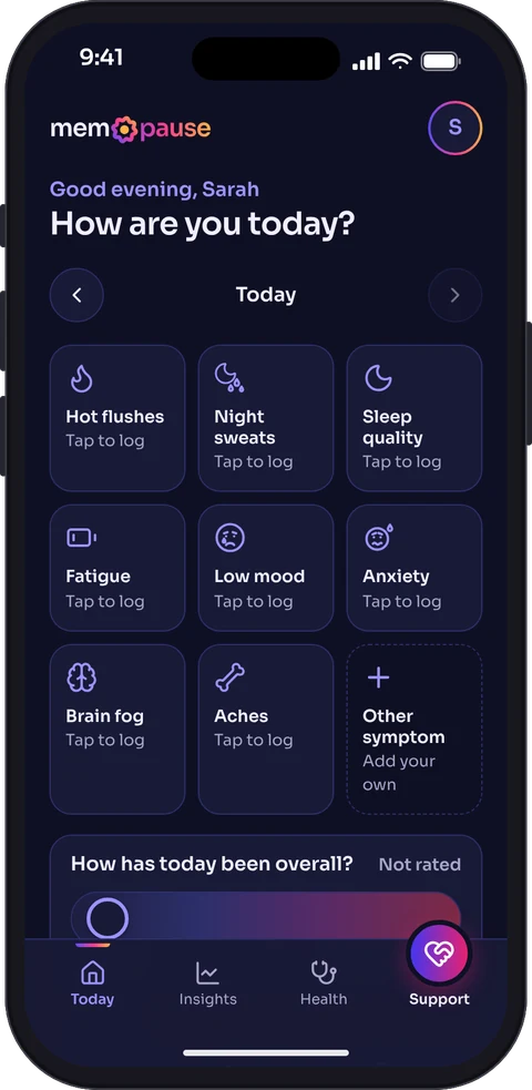 The Today screen in dark mode: a grid of symptoms to tap, including hot flushes, night sweats, sleep quality, fatigue, low mood and anxiety.