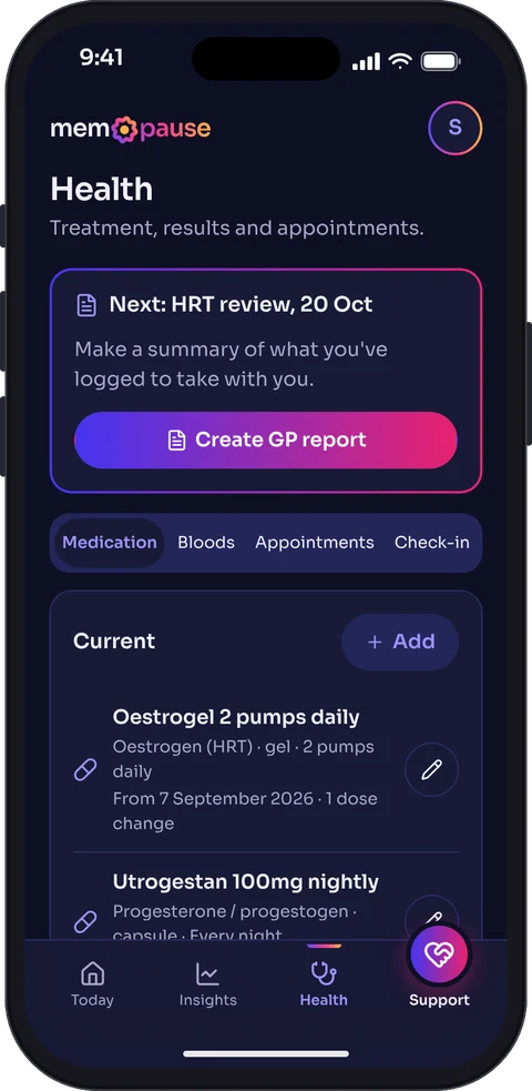 The Health screen in dark mode: the next appointment, a Create GP report button and current medication.