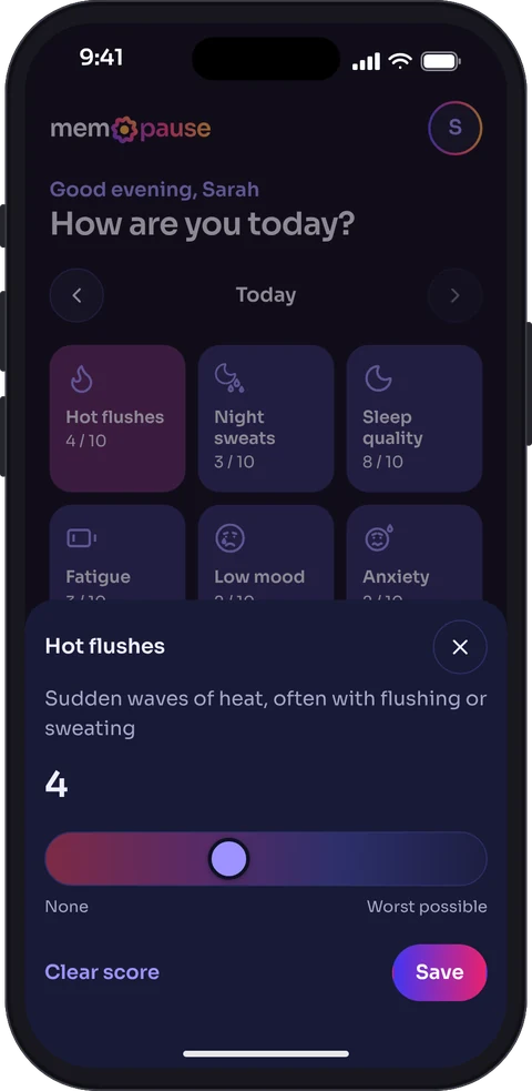 Scoring hot flushes in dark mode: a slider from none to worst possible, set to 4, with a Save button.