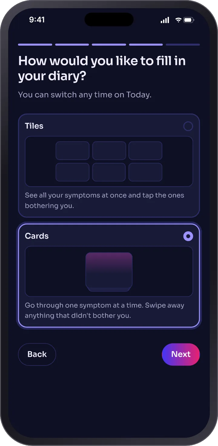 Setting up in dark mode: How would you like to fill in your diary? A choice between Tiles and Cards, with Cards picked.