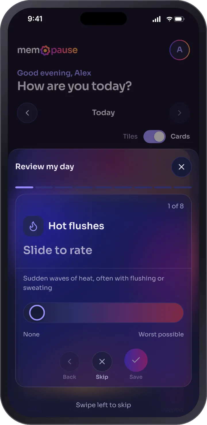 Review my day in dark mode: a frosted glass card for hot flushes, 1 of 8, with a slider from none to worst possible and Back, Skip and Save buttons.