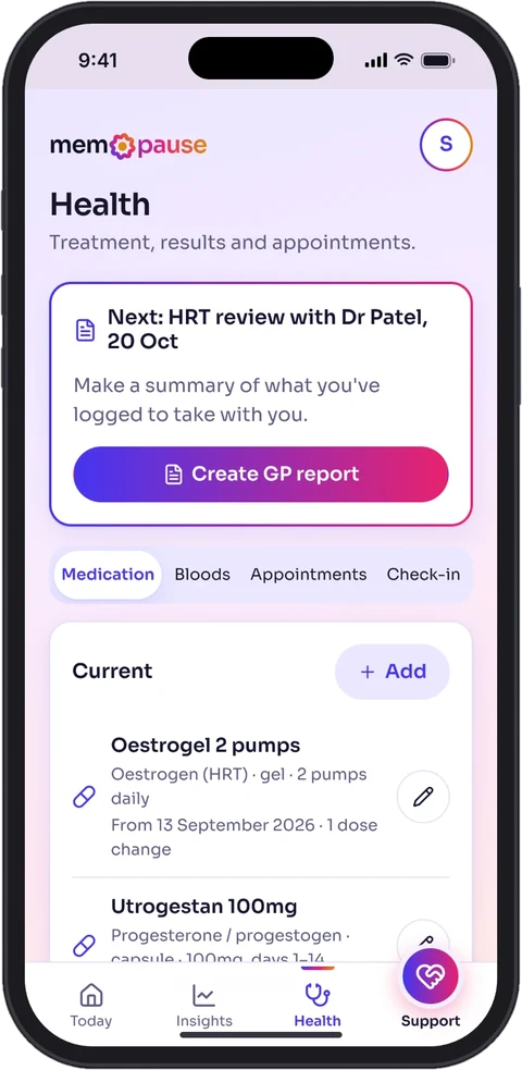 The Health screen: your next appointment, a Create GP report button and your current medication.