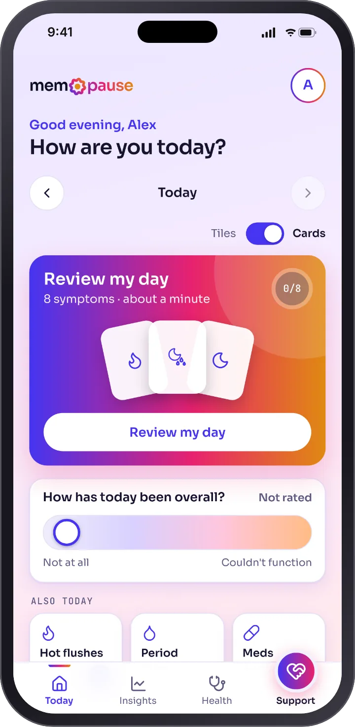 The Today screen in light mode with the switch on Cards: a warm Review my day card, 8 symptoms, about a minute.