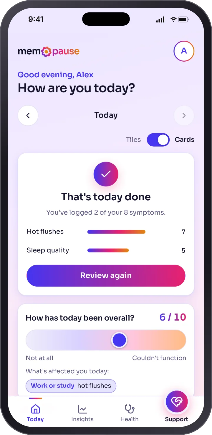 The Today screen in light mode after reviewing: That's today done, bars for hot flushes and sleep quality, and a Review again button.