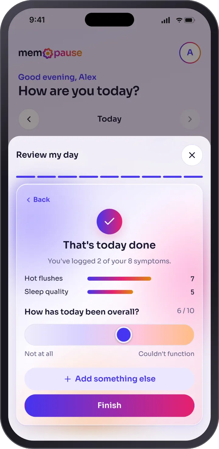 The finish card in light mode: That's today done, you've logged 2 of your 8 symptoms, with a bar for each and how today has been overall.