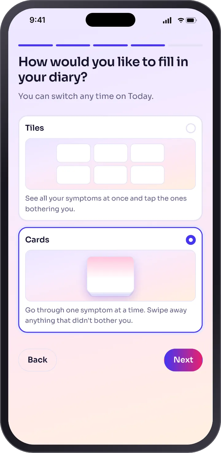 Setting up in light mode: How would you like to fill in your diary? A choice between Tiles and Cards, with Cards picked.