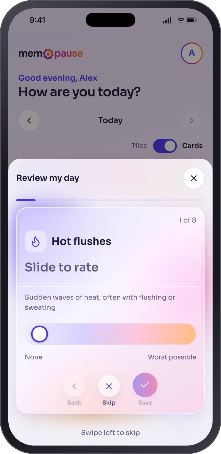 Review my day in light mode: a frosted glass card for hot flushes, 1 of 8, with a slider from none to worst possible and Back, Skip and Save buttons.