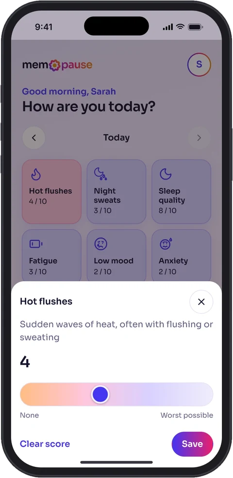 The Today screen: tap a symptom such as hot flushes and slide to score it from 0 to 10.